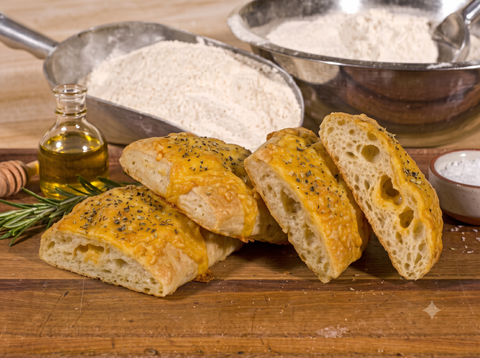 A close-up photograph of four mini artisanal bread loaves, topped with melted cheddar cheese and a sprinkle of dark herbs and black pepper. The loaves are arranged on a rustic wooden cutting board, with one loaf fanned out to show its porous interior. In the soft-focus background, there are two metal scoops of flour, a small bottle of olive oil, fresh rosemary, and a bowl of sea salt.